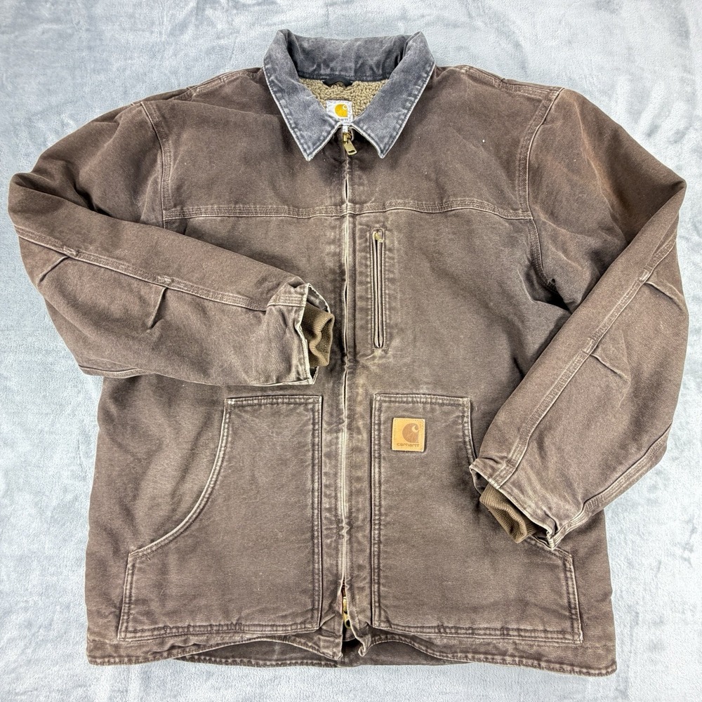 Carhartt C61 DKB Sandstone Ridge Coat L Brown Sherpa Lined Distressed